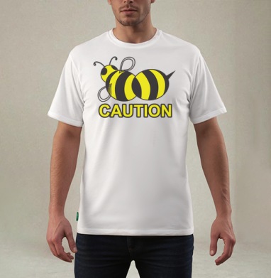 Стильная наклейка пчела с надписью CAUTION, Футболка мужская REGULAR белая