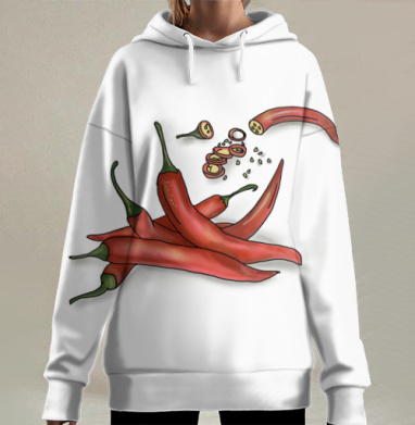 Острые красные перцы чили в нарезке и семена, Hoodie Long Oversize 3D