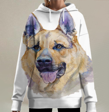 Портрет овчарки в акварельных тонах для любителей собак, Hoodie Long Oversize 3D