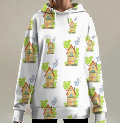 Паттерн из домиков в стиле флэт для домашнего уюта, Hoodie Long Oversize 3D