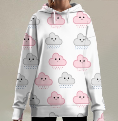 Паттерн розовые и серые облака, Hoodie Long Oversize 3D