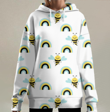 Весёлые пчёлки летают над радужным ярким небом, Hoodie Long Oversize 3D