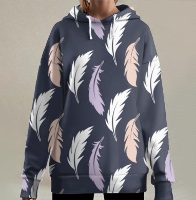 Легкие белые розовые перья на синем фоне, Hoodie Long Oversize 3D