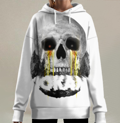 Мрачный череп с плачущими глазами и надписью Лоха, Hoodie Long Oversize 3D