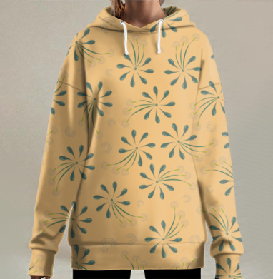 Персиковый с зеленым растительный орнамент натурального стиля, Hoodie Long Oversize 3D
