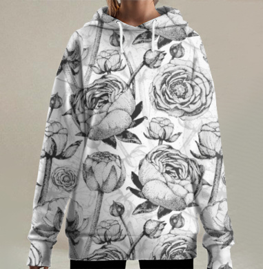 Точечный рисунок пионов в черно-белой гамме, Hoodie Long Oversize 3D