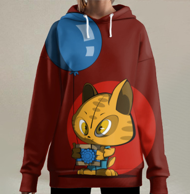 Рыжий кот с синим подарком и шариком, Hoodie Long Oversize 3D