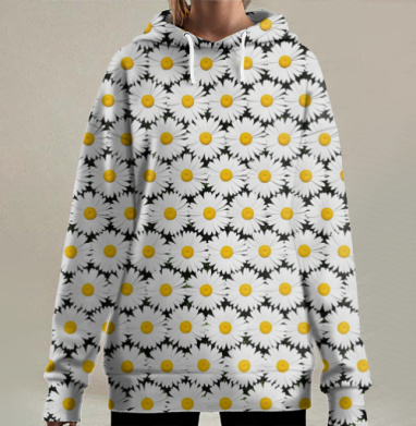White Daisies Seamless Pattern / Бесшовный узор белые ромашки поле цветы, Hoodie Long Oversize 3D
