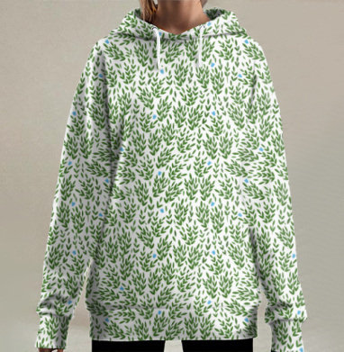 Зеленые листья свежесть природы элементами рисунка, Hoodie Long Oversize 3D