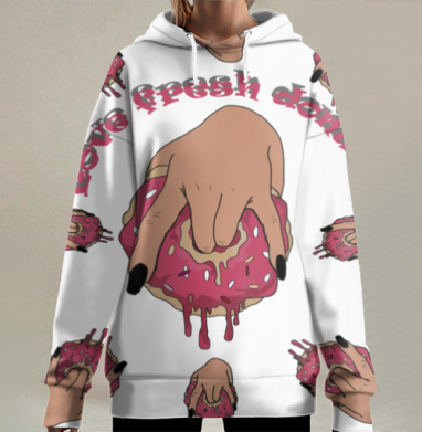 Руки с сжимающейся розовой жидкостью на сером фоне, Hoodie Long Oversize 3D