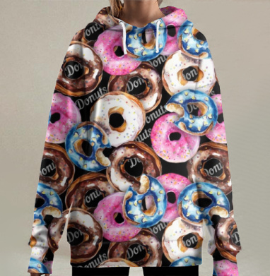 Яркие акварельные пончики с разноцветной глазурью, Hoodie Long Oversize 3D