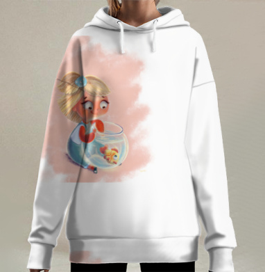 Девочка с золотой рыбкой в аквариуме теплые цвета светлый фон, Hoodie Long Oversize 3D