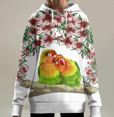 Нежность попугаев среди розовых лилий на ветке, Hoodie Long Oversize 3D