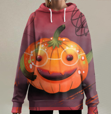Веселая тыква с бокалом на Хэллоуин праздник вечеринка, Hoodie Long Oversize 3D