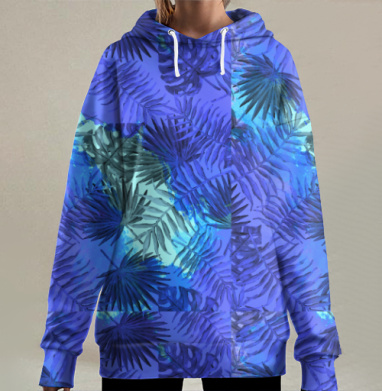 Морские тропические листья синяя свежесть лета, Hoodie Long Oversize 3D