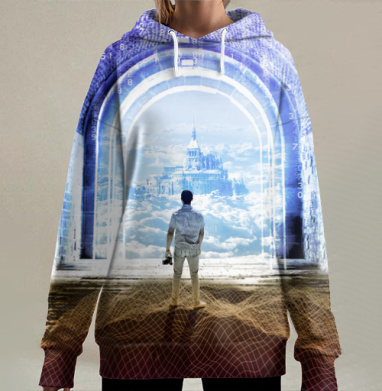 Мужчина у моста выход к замку среди облаков, Hoodie Long Oversize 3D