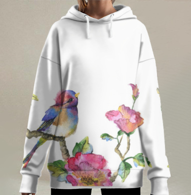 Птичка на ветке с розовыми цветами, Hoodie Long Oversize 3D
