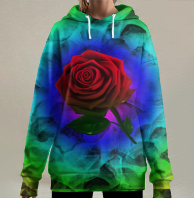 Красная роза в сиянии цветных кругов в сиянии цветных кругов, Hoodie Long Oversize 3D