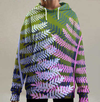 Листья папоротника с зелёным жёлтым и розовым оттенками, Hoodie Long Oversize 3D