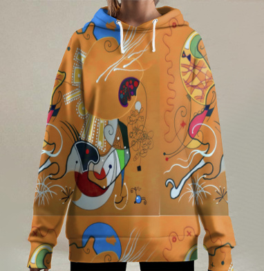 Танец абстрактных форм на терракотовом фоне синим белым красным, Hoodie Long Oversize 3D