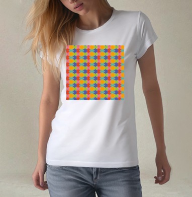 Бесконечная яркая мозаика из элементов Puzzle Pattern Узор пазлов, Футболка женская белая 180гр