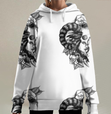 Женское Лицо С Черепом И Рогами Жеткий Контраст, Hoodie Long Oversize 3D