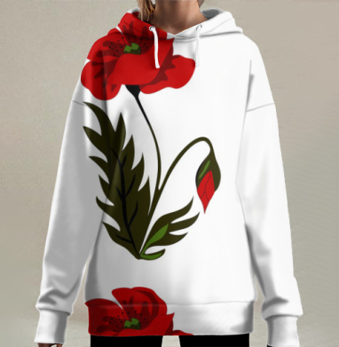 Красный мак с зелеными листьями на белом фоне мак, Hoodie Long Oversize 3D