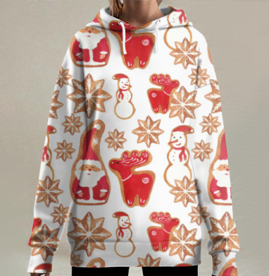 Новогодние символы зимних праздников уютного очага, Hoodie Long Oversize 3D