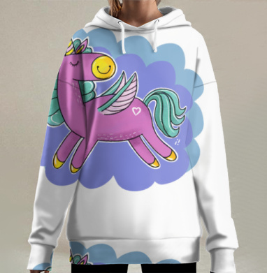 Счастливый пони единорог с крыльями и улыбкой лицо, Hoodie Long Oversize 3D