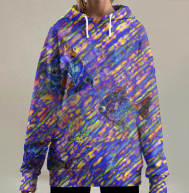 Рыбалка с разноцветными сетями и рыбой среди диагоналей, Hoodie Long Oversize 3D