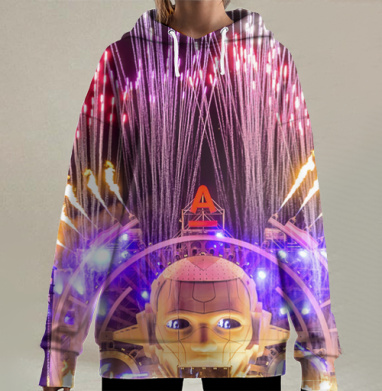Футуристическое шоу с головою робота и пиротехникой, Hoodie Long Oversize 3D