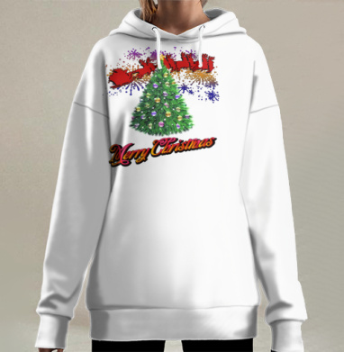 Яркая новогодняя елка с оленями и Merry Christmas надписью, Hoodie Long Oversize 3D