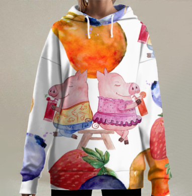 Две свинки пьют сок символ семьи и уюта, Hoodie Long Oversize 3D