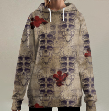Готический узор с анатомическими черепами и кровавыми пятнами, Hoodie Long Oversize 3D