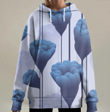 Синие бутоны, Hoodie Long Oversize 3D