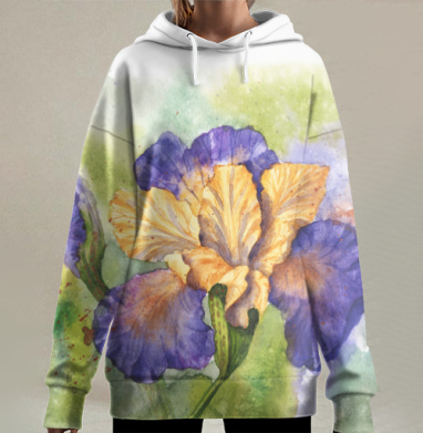 Сиреневый ирис с желтыми лепестками акварель, Hoodie Long Oversize 3D
