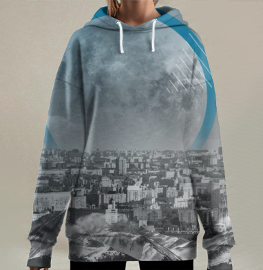 Городская луна над горами в футуристическом стиле, Hoodie Long Oversize 3D