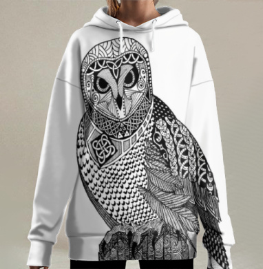 Сова на пне скандинавские орнаменты зенарт, Hoodie Long Oversize 3D