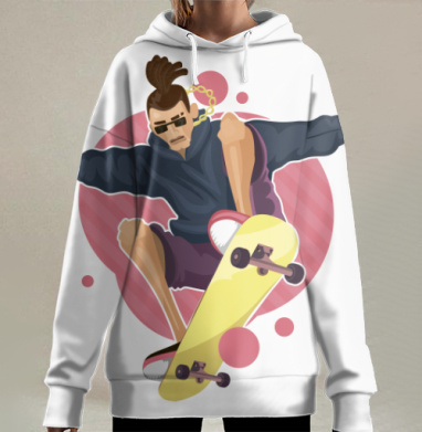 Скейтер с дредами на доске выполняет бэкфлип труг, Hoodie Long Oversize 3D