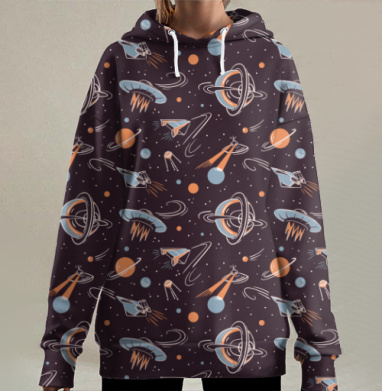 Ретро-футуристичная иллюстрация космоса и кораблей, Hoodie Long Oversize 3D