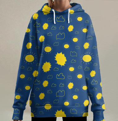 Желтое солнце и контурные облака на синем фоне, Hoodie Long Oversize 3D