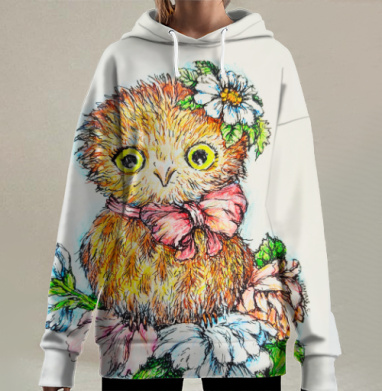 Милая сова с цветами и бантом на ветке с листьями, Hoodie Long Oversize 3D