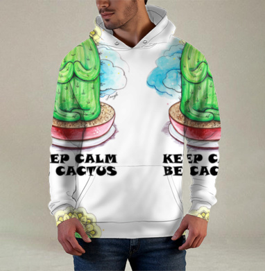 Спокойный медитирующий кактус с позитивной надписью be cactus, Худи / Мужская / С карманом / 3D