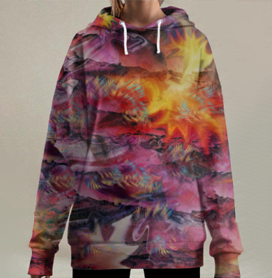 Огненная энергия красный оранжевый розовые волны, Hoodie Long Oversize 3D