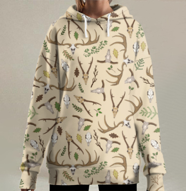 Натуральные черепа оленей с ветками листьев лесной природы, Hoodie Long Oversize 3D