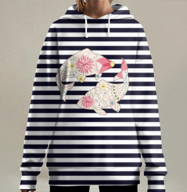 Тельняшка с рыбками, Hoodie Long Oversize 3D
