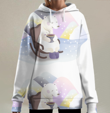 Медведь в кресле с чашкой уюта в холодной зиме, Hoodie Long Oversize 3D