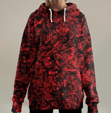 Техноурбанистический городской красно черный хаос сцены, Hoodie Long Oversize 3D
