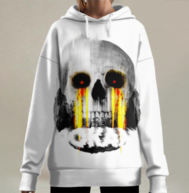 Череп с огненными слезами и надписью Окей, Hoodie Long Oversize 3D