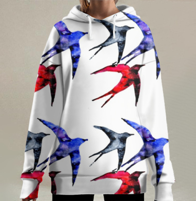 Акварельные птицы в полёте — картина гармонии и свободы, Hoodie Long Oversize 3D